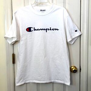 CHAMPION Logo Sz Large short sleeve 100% cotton white t shirt EUC